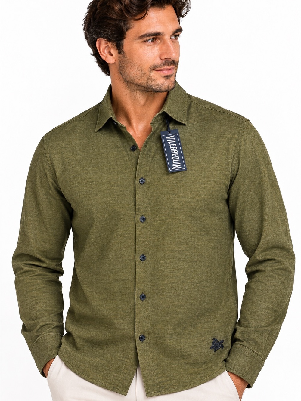 Vilebrequin Men’s Long Sleeve Button-Up Shirt Olive Green Size S NWT Turtle Logo